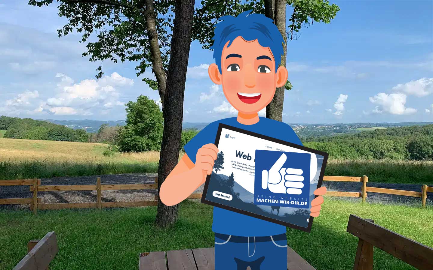 Eddie Blue Comic mit Laptop und Blick auf das Siebengebirge.